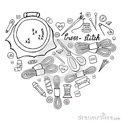 Set of hand drawn black and white elements for cross-stich in heart shape Vector Illustration